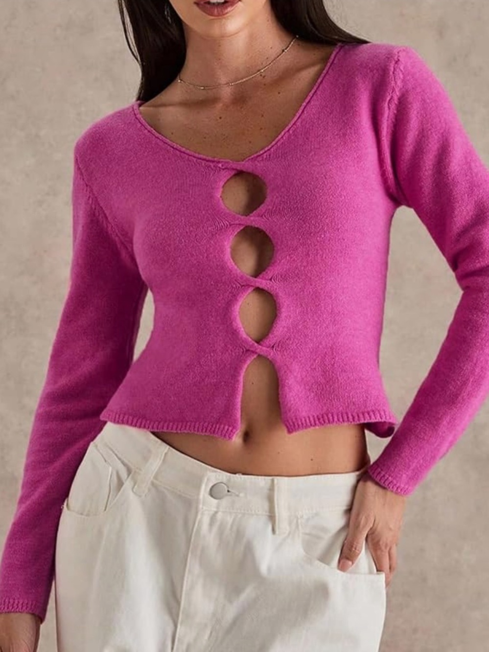 Chic Nation Fuchsia V-Neck Cutout Long-Sleeve Sweater